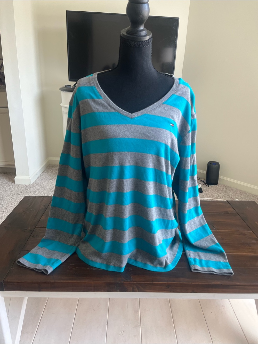 Tommy Hilfiger Teal and Gray Striped V-Neck Long Sleeve Top